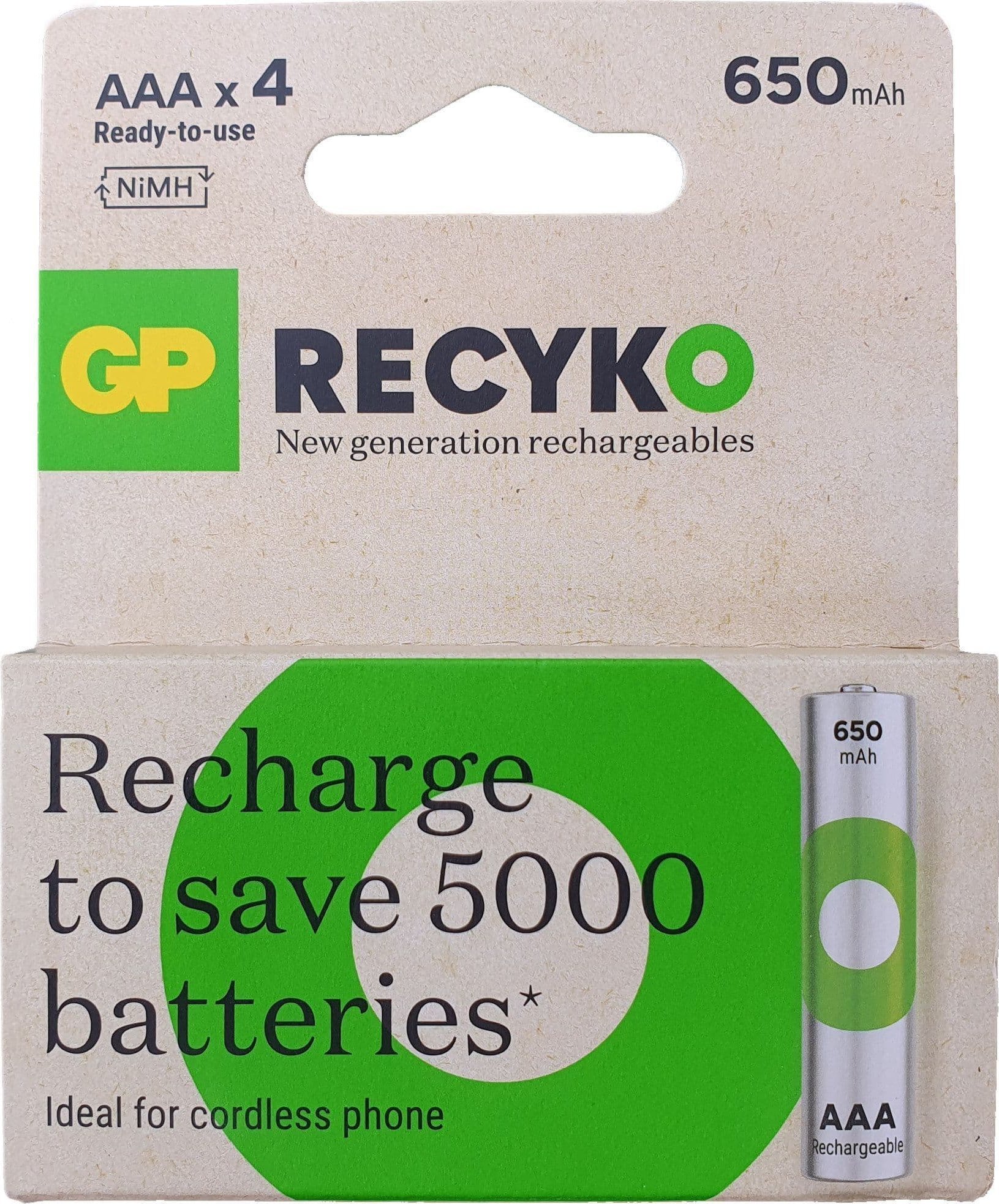 Bateri të rikarikueshme GP Recyko AAA, 650mAh, NiMH, set 4 copë