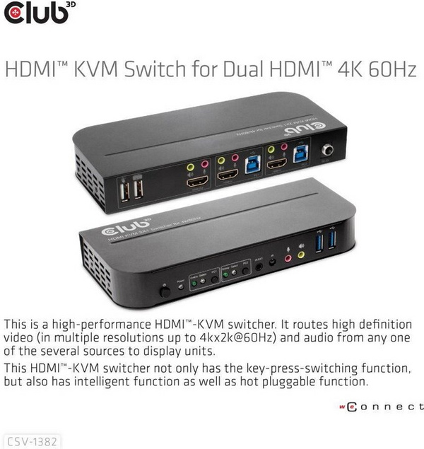 Ndërprerës Club3D Network Switch - Switch, HDMI KVM Switch - Dual HDMI 4K @ 60Hz