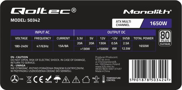 Burim energjie Qoltec Monolith 50342 ATX, 1650W