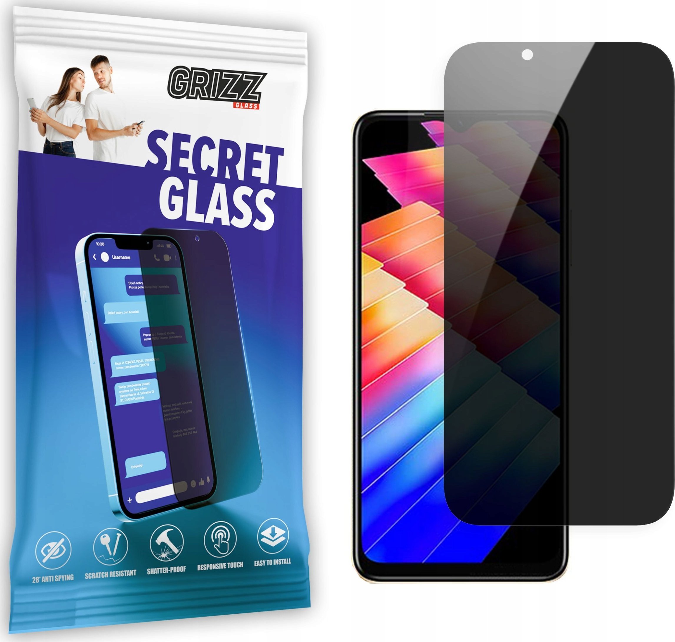 Qelq mbrojtës privatësie Grizz SecretGlass për Infinix Hot 30i, xham qeramik, rezistent ndaj gërvishtjeve, transparent