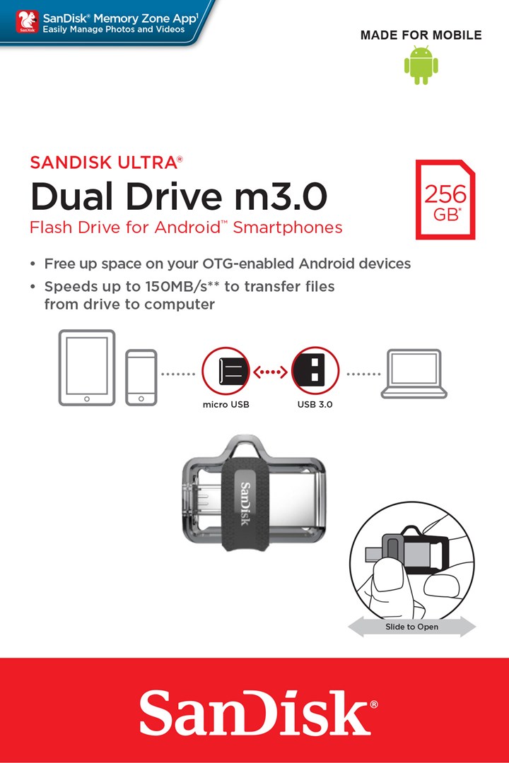 USB SanDisk Ultra Dual m3.0, 256 GB, USB Type-A / Micro-USB