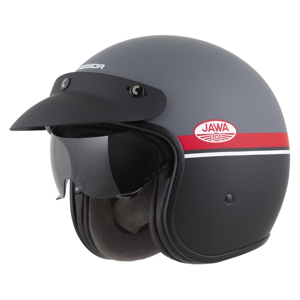 Helmetë moto Cassida Oxygen Jawa OHC 2.0, e hapur, vizor dielli, gri matte e kuqe e zezë e bardhë, XL