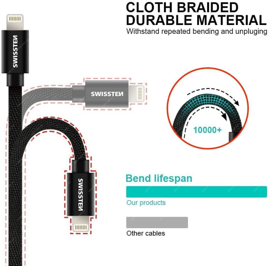 Kabllo USB Swissten Textile, Micro USB, 3m, 3A, e zezë