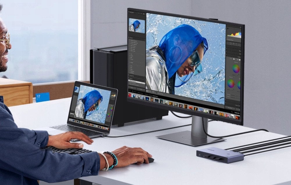 Ndërprerës KVM UGREEN USB C HDMI, 1 monitor 2 kompjuterë, 4 porta USB 3.0, 4K 60Hz, alumini gri
