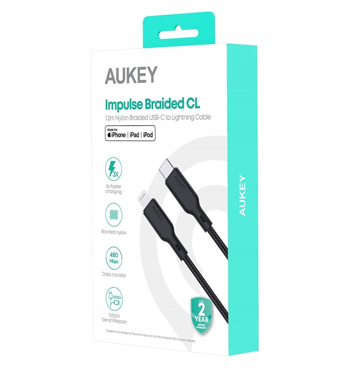 Kabllo karikimi AUKEY CB-CL5, USB-C në Lightning, 1.2m, MFI, e zezë