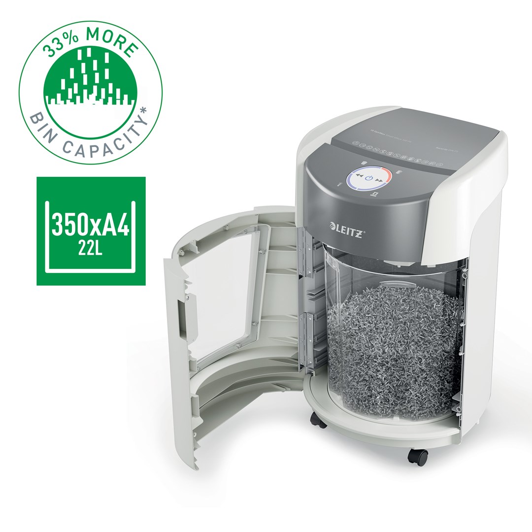Shkatërrues dokumentesh Leitz IQ Optimax Small, kosh 22L, kapacitet 350 fletë A4, i bardhë gri