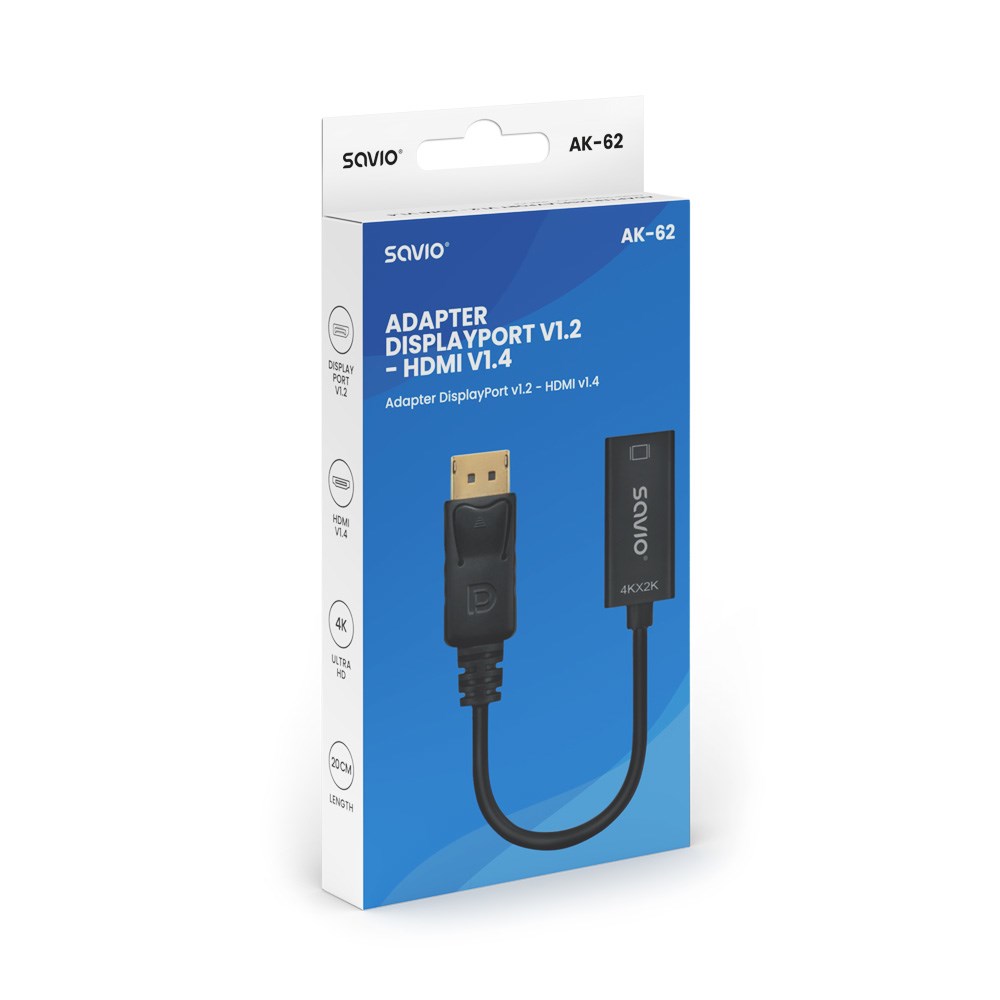Adapter AV Savio DisplayPort në HDMI SAVAK-62, 4K, i zi