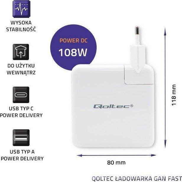 Karikues USB Qoltec GaN FAST 108W, 1x USB C, 1x USB A, i bardhë