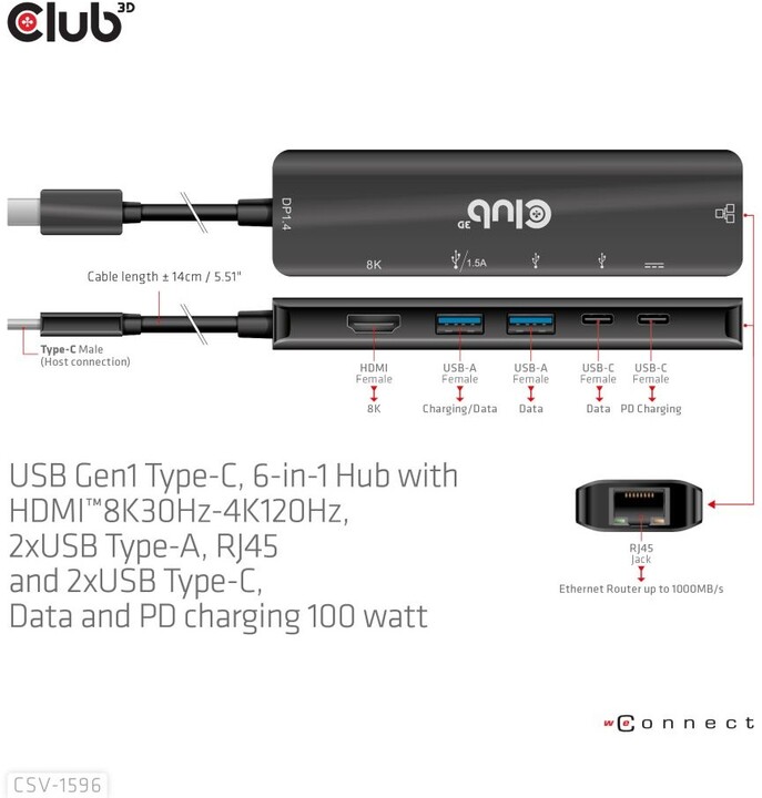 Kabllo Hub Club3D USB-C, 6në1 Hub me HDMI 8K30Hz, 2xUSB Type-A, RJ45 dhe 2xUSB Type-C