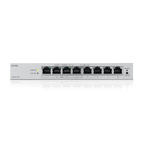 Switch rrjeti Zyxel GS1200-8HP, 8 porta Gigabit, 4 porta PoE+ 68W, fanless