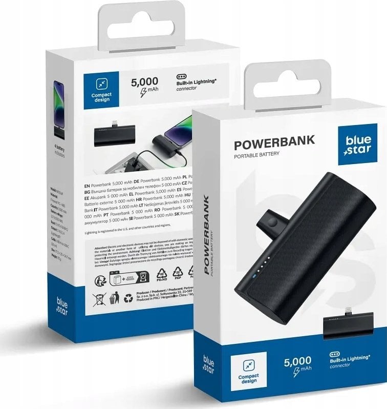 Powerbank Blue Star W0556P, 5000 mAh, Lightning i integruar, i zi