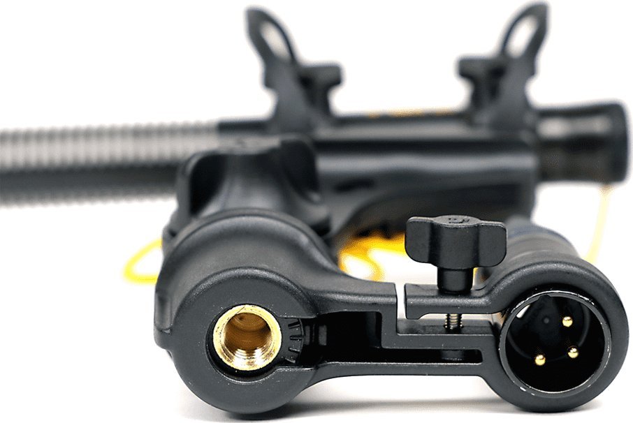 Mbajtëse shock mount për mikrofon shotgun Deity ASM2 Pro, me mbajtës XLR, për mikrofona 19–25 mm, e zezë