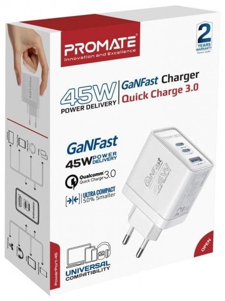 Полнач ProMate PowerPort 45, 45W, 2x USB C PD и USB QC 3.0, бел