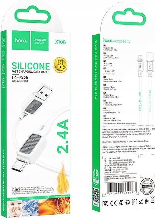 Kabllo USB Hoco X108, USB A në Micro USB, 1m, 2.4A, e bardhë