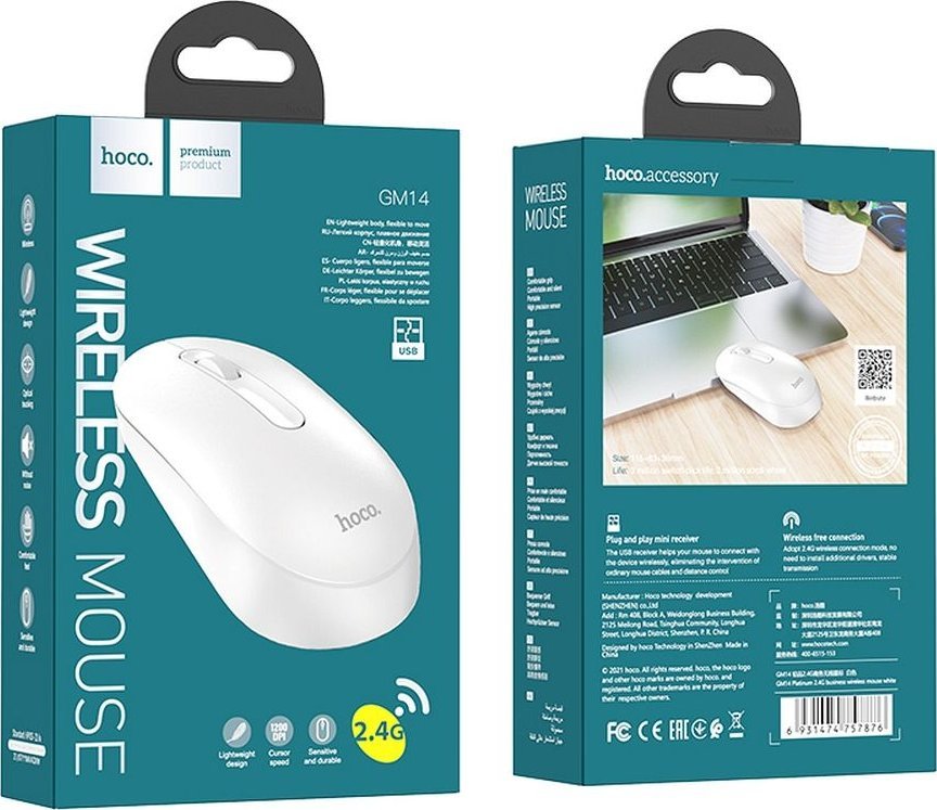 Maus wireless Hoco GM14, me marrës 2.4G, i bardhë