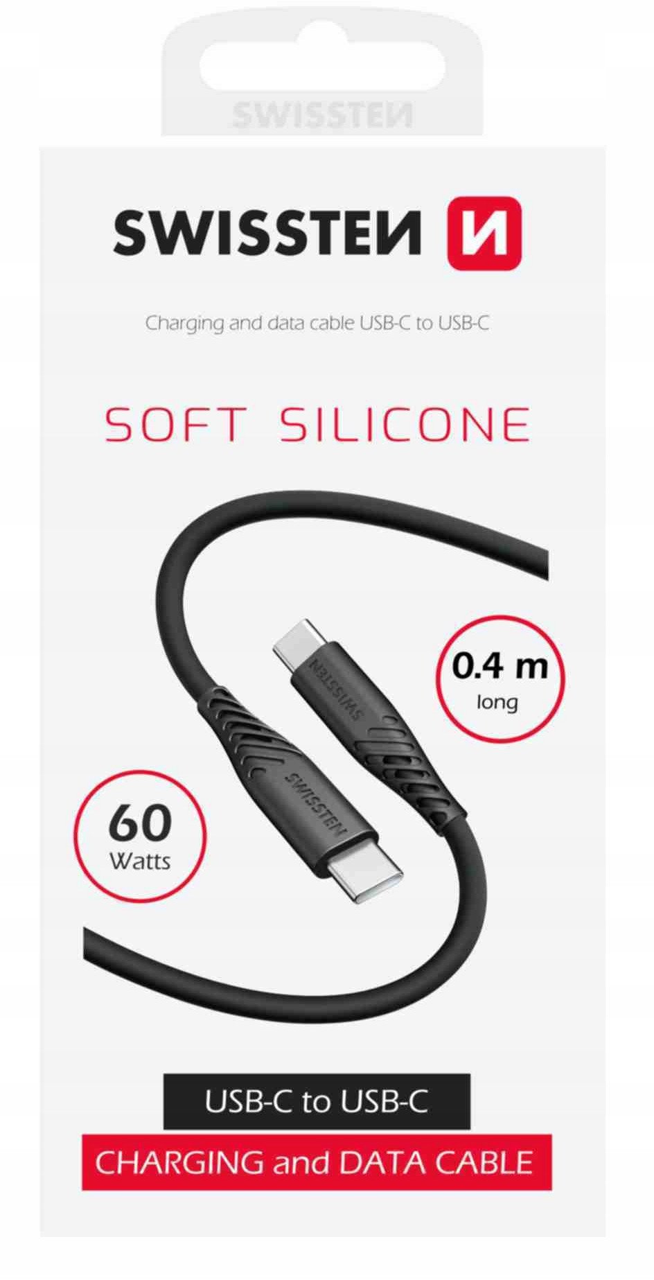 Kabllo USB Swissten Soft Silicone, USB C në USB C, 0.4m, 60W, e zezë