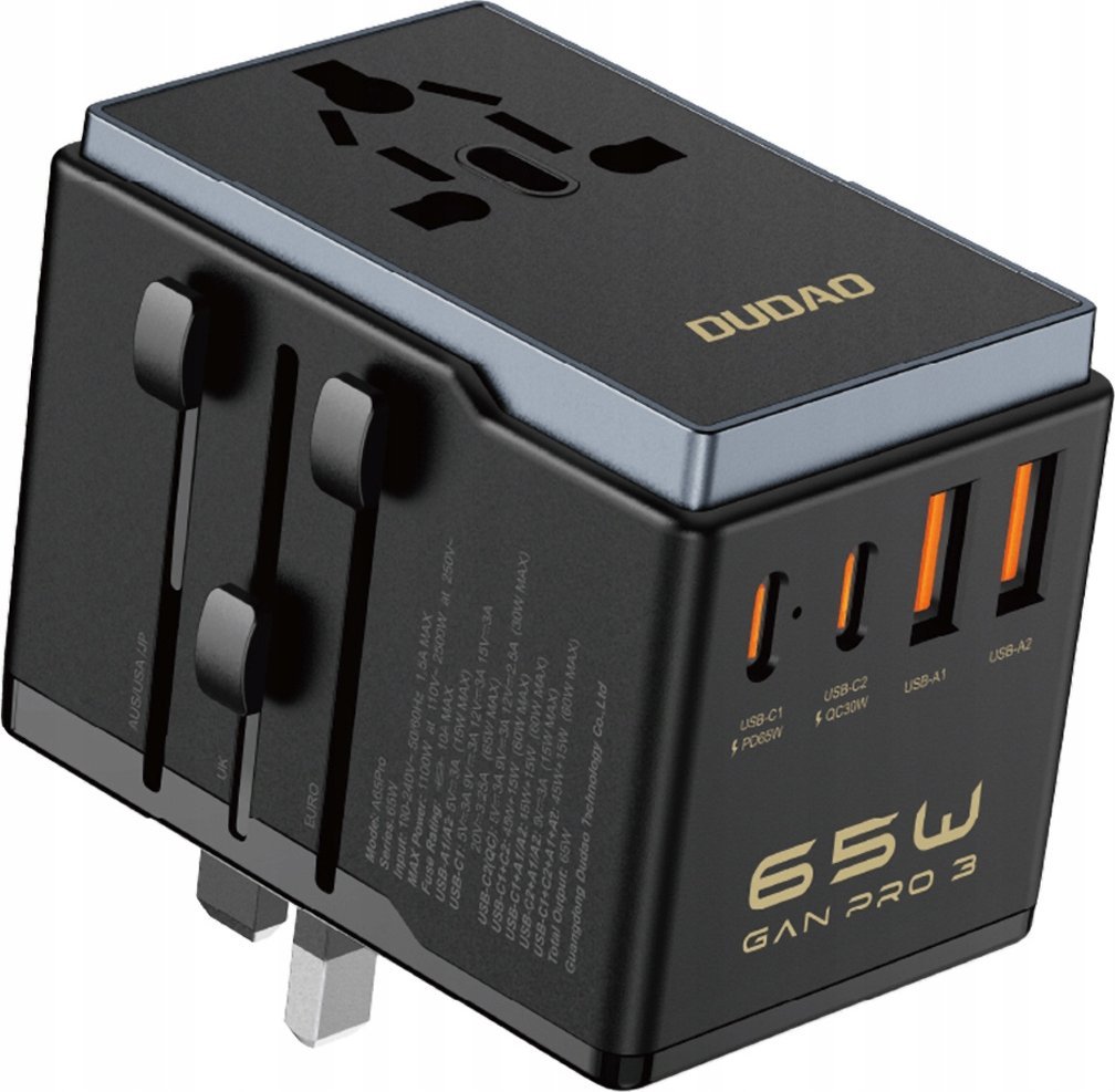 Патен адаптер Dudao A65Pro, 65W, 2x USB C 2x USB A, црн