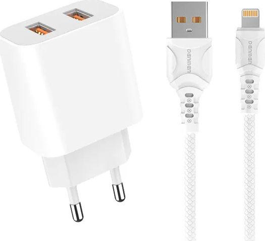 Karikues Denmen DC05 + kabllo Lightning, 2 x USB A, i bardhë