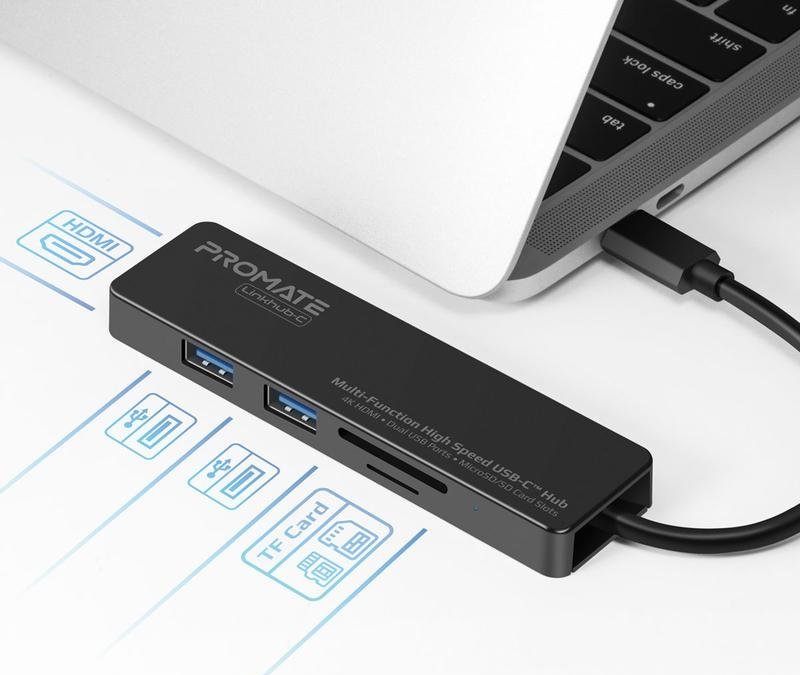 Hub USB C Promate LinkHub C, HDMI 4K, 2x USB 3.0 SD, i zi