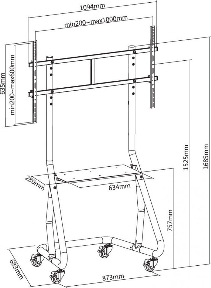 Karrocë TV për televizor LCD LED, 60" 105", me raft, e zezë