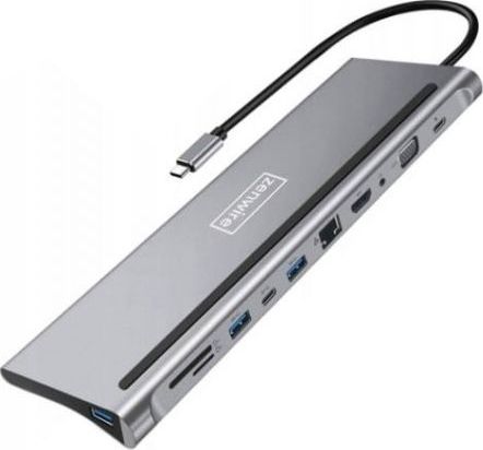 Докинг станица USB C 11in1, HDMI 4K, VGA RJ45 SD, сива