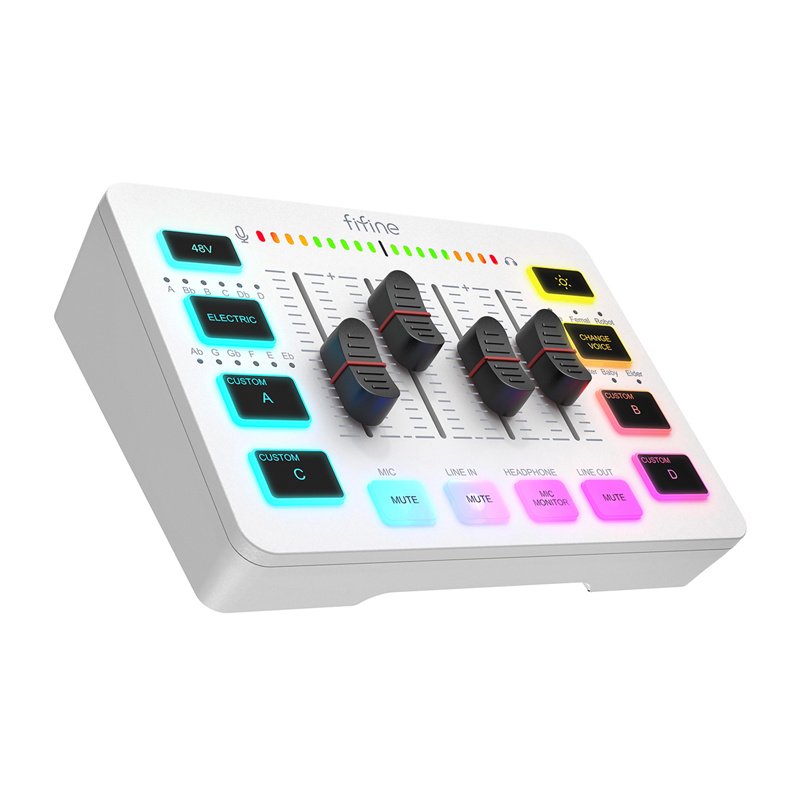 Mikser audio gaming Fifine SC3, 4 kanale, interface audio, i bardhë