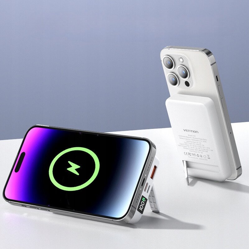 Powerbank magnetik Vention, 10000mAh, karikim wireless 22.5W, ekran LED, i bardhë
