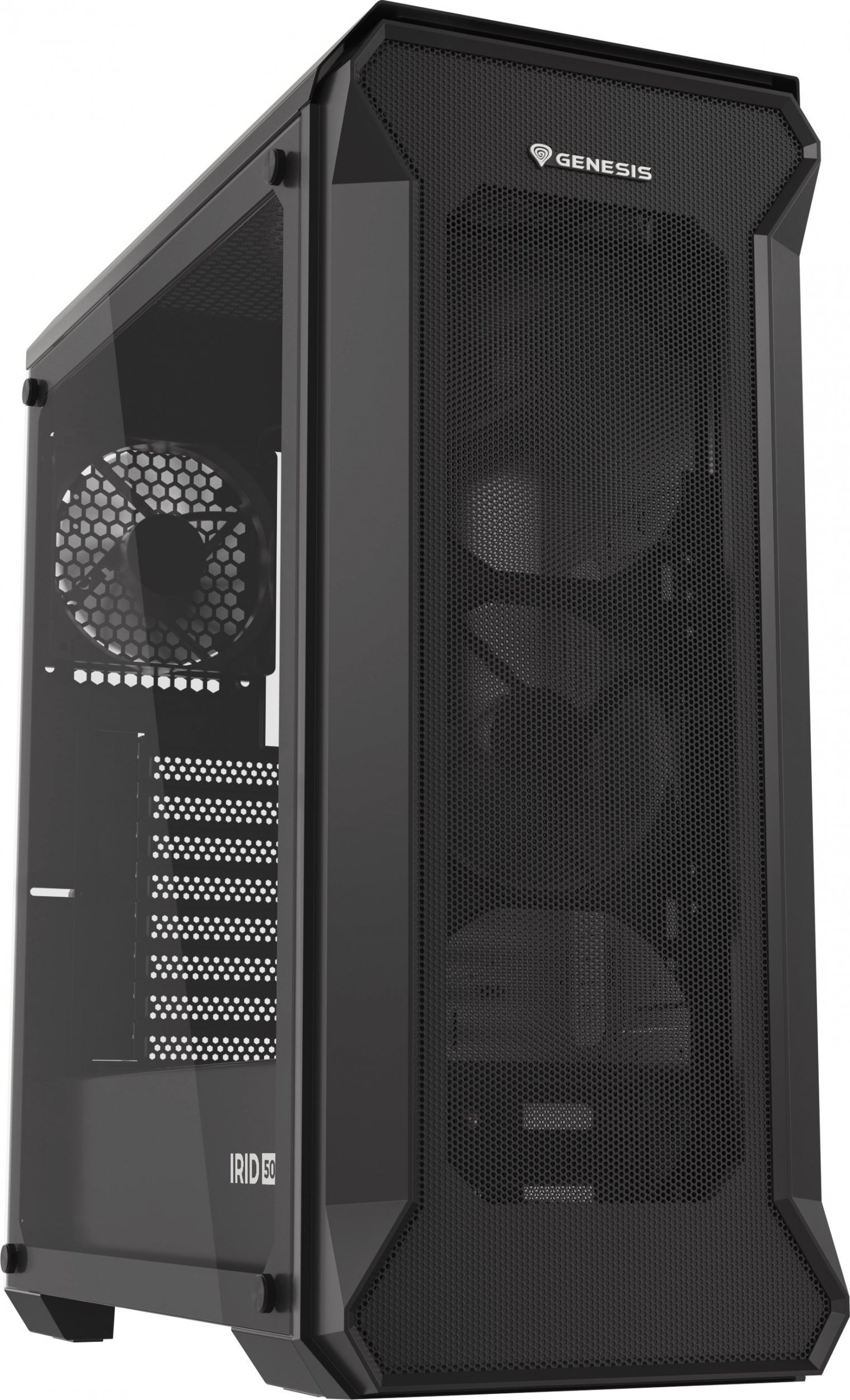 Kuti kompjuteri Genesis Irid 505 V2 MIDI Tower, xham i temperuar, me 3 ventilatorë Oxal 120, e zezë