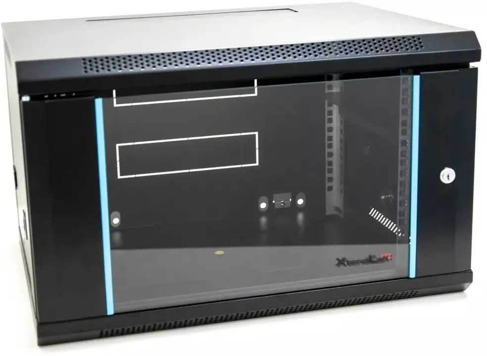 Dollap rrjeti XtendLan 6U 600x450, njëseksionësh, derë xhami, i zi