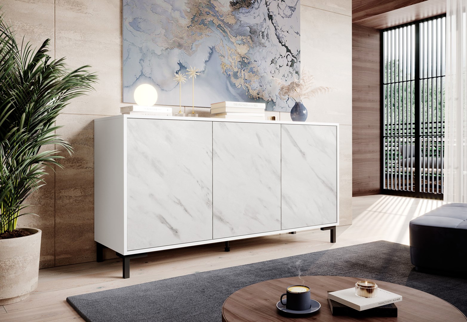 Komo MARMO 3D, 150x45x80.5 cm, efekt mermeri, e bardhë mat