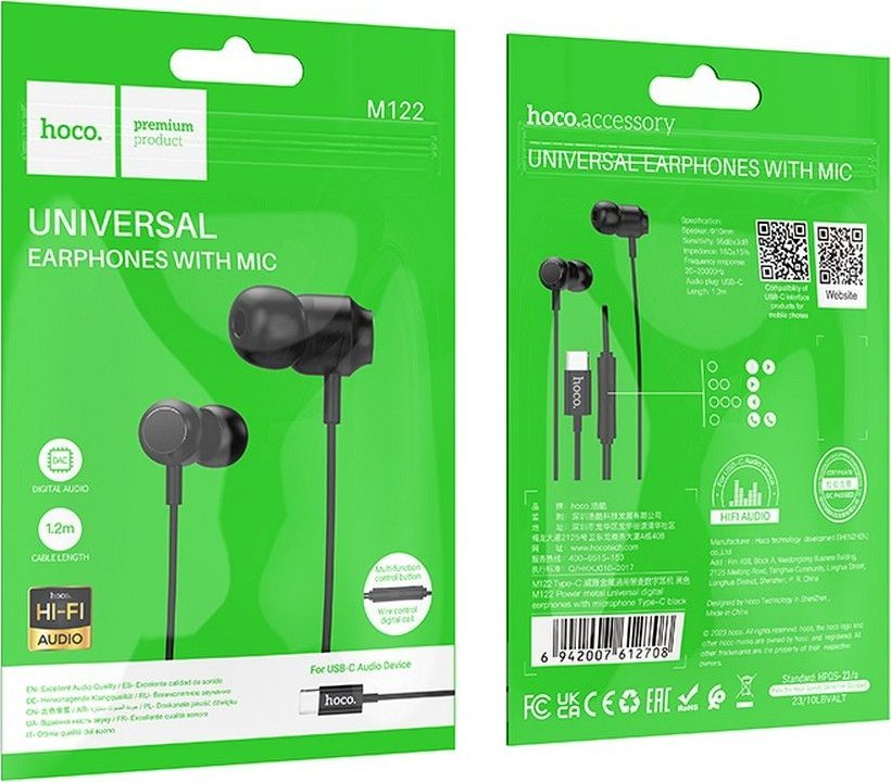 Kufje me kabllo Hoco M122 Power Metal, USB C, me mikrofon, të zeza