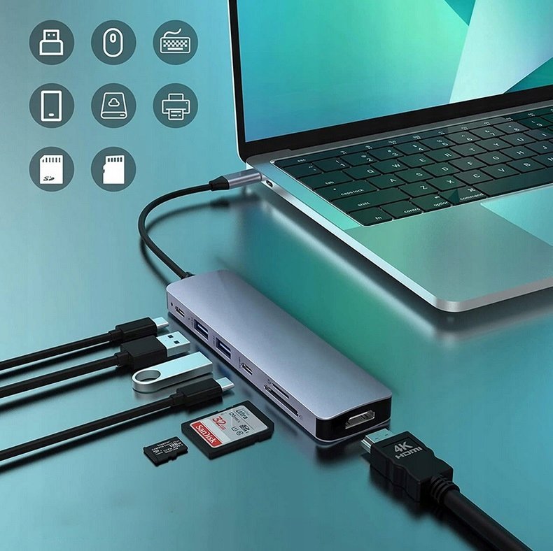 Adapter USB C Platinet Multimedia 7in1, HDMI, Power Delivery 100W, gri