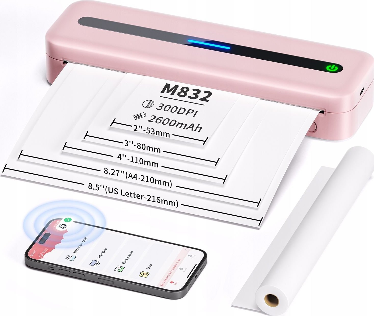 Printer etiketash Phomemo M832, 300 x 300 dpi, USB dhe Bluetooth, rozë