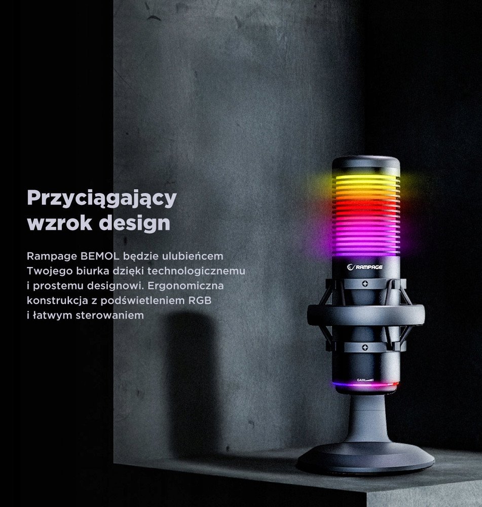 Mikrofon tavoline Rampage Bemol RGB, kapacitiv, 3.5mm dhe USB C, i zi
