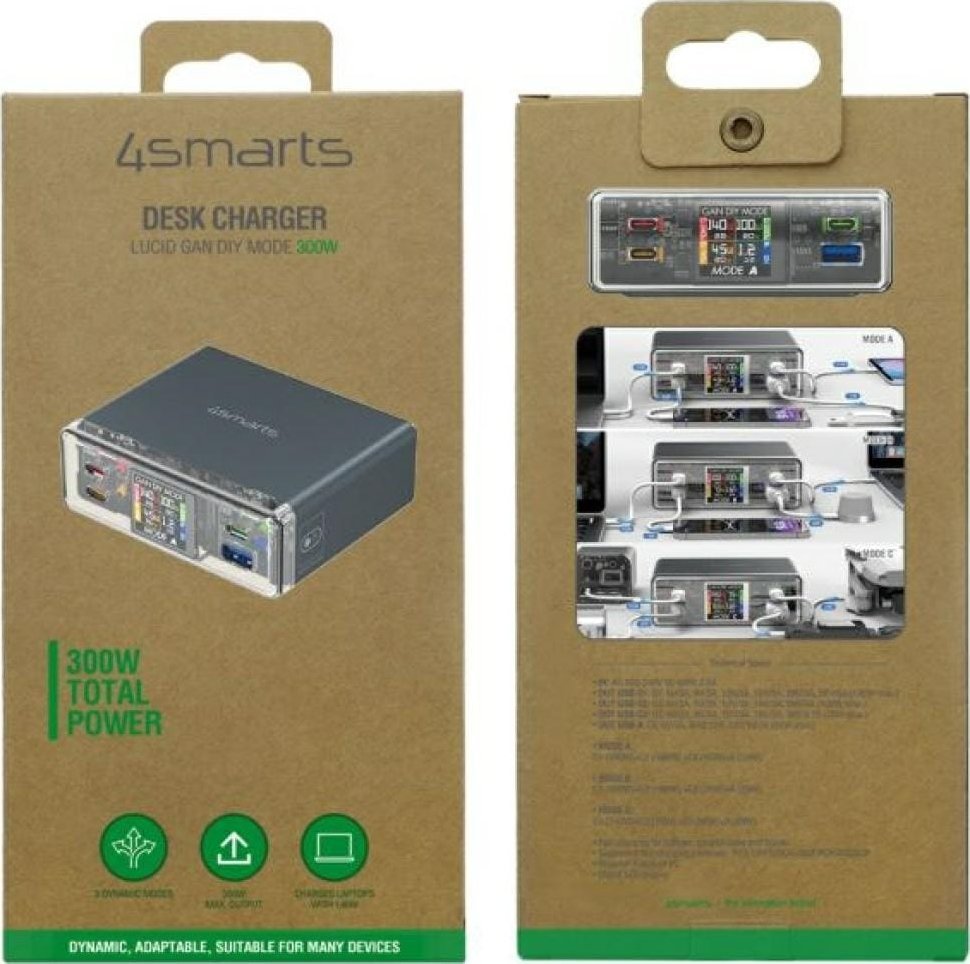 Stacion karikimi AC 4SMARTS Lucid 300W, 3x USB C, 1x USB A, gri