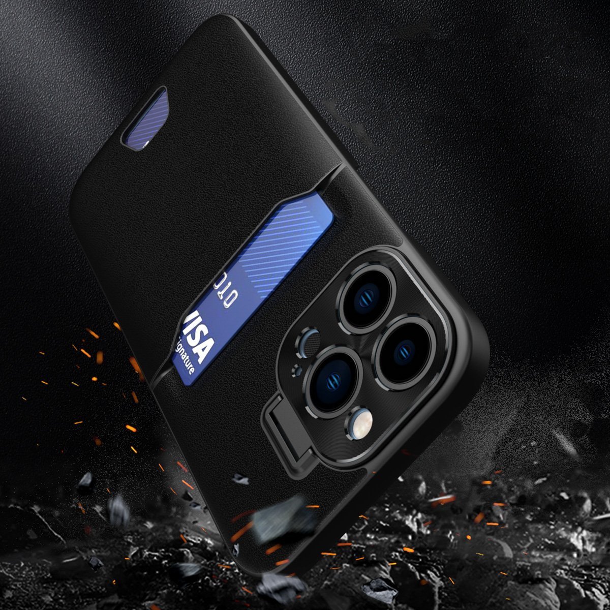 Mbulesë telefoni Hurtel Leather Stand Case për iPhone 14, me portofol për karta, me qëndrim, e zezë