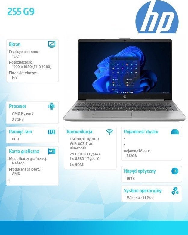 Laptop HP 255 G9 3, 15.6", AMD Ryzen 3 5425U, 8 GB RAM, 512 GB SSD, i hirtë