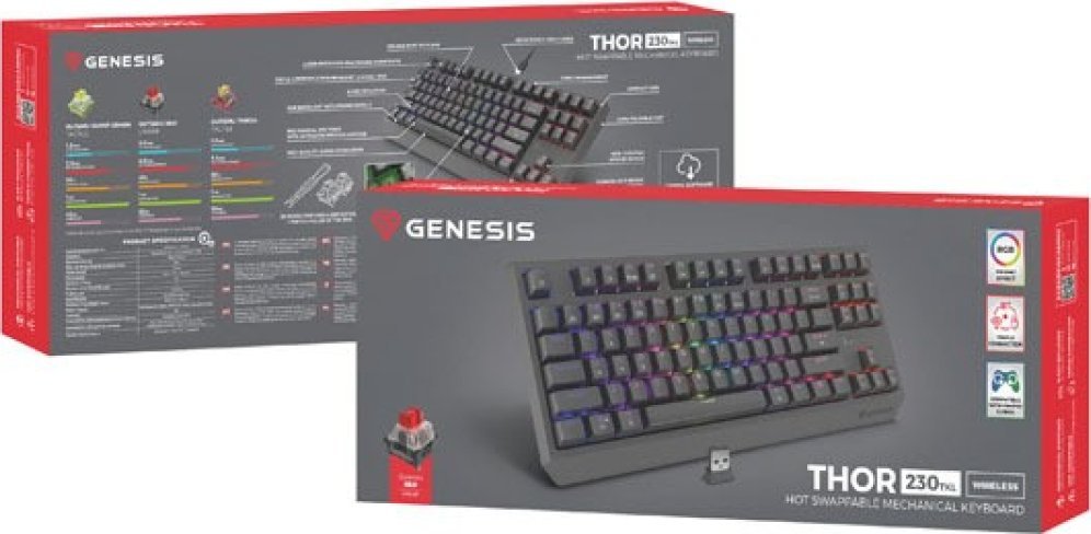 Tastierë wireless mekanike Genesis Thor 230 TKL, RGB, Outemu Red, e zezë