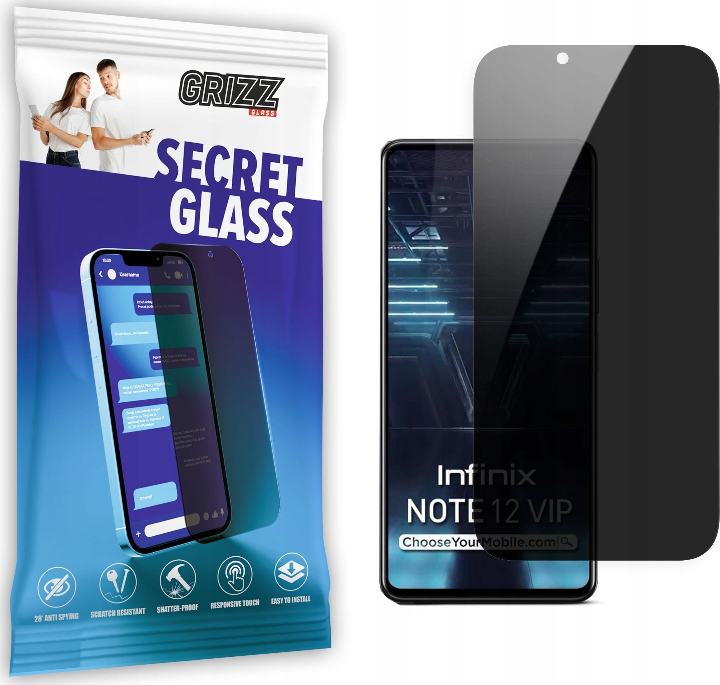 Xham mbrojtës privatësie Grizz SecretGlass për Infinix Note 12 VIP, qelq i temperuar, mbrojtje ekrani, transparent