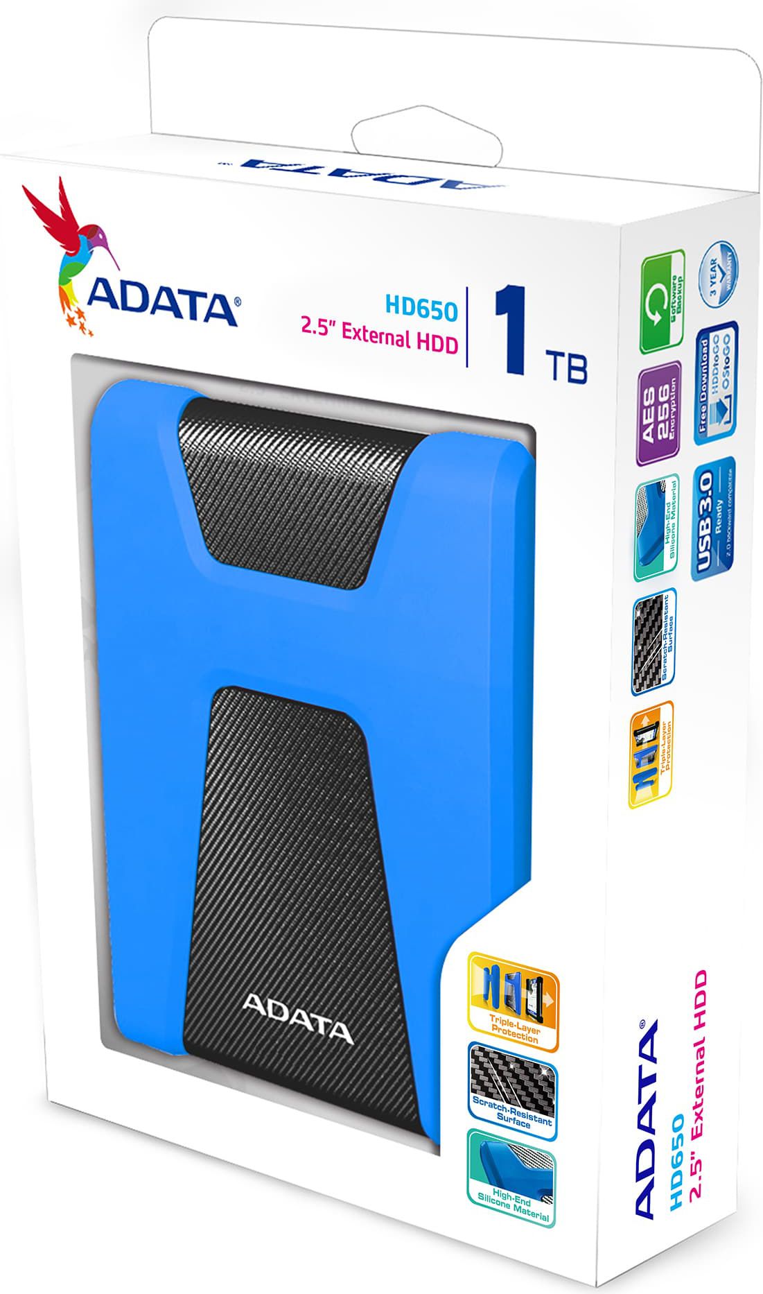 Disk i jashtëm HDD ADATA HD650, 1TB, USB 3.2, zi kaltër