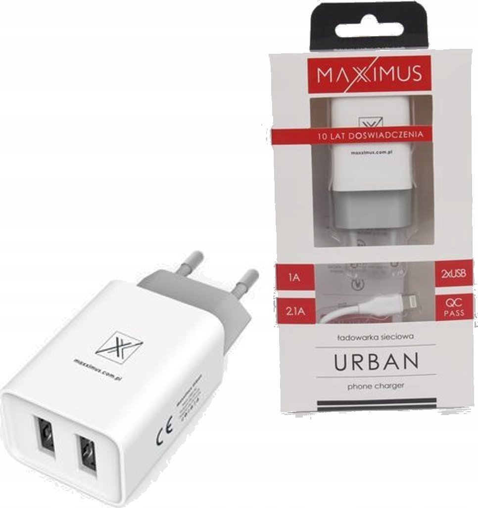 Полнач приклучок Maxximus Urban, 2.1A, 2x USB со кабел Type C, бел