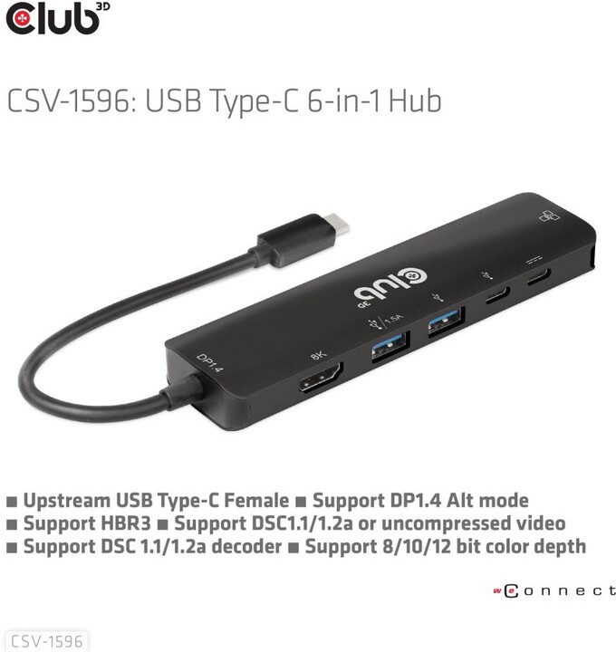 Kabllo Hub Club3D USB-C, 6në1 Hub me HDMI 8K30Hz, 2xUSB Type-A, RJ45 dhe 2xUSB Type-C