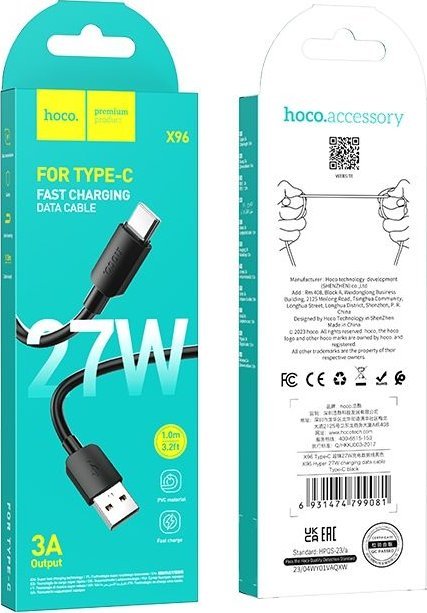 Kabllo USB Hoco X96, USB A në USB C, 27W, 1m, e zezë