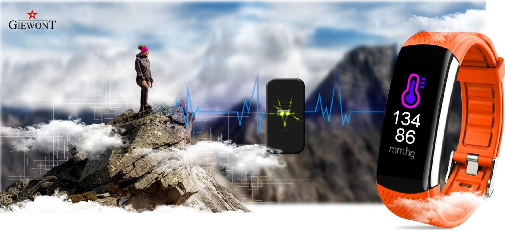 Smartwatch Giewont GW200-9, ekran i madh, dy rripa, i zi dhe portokalli