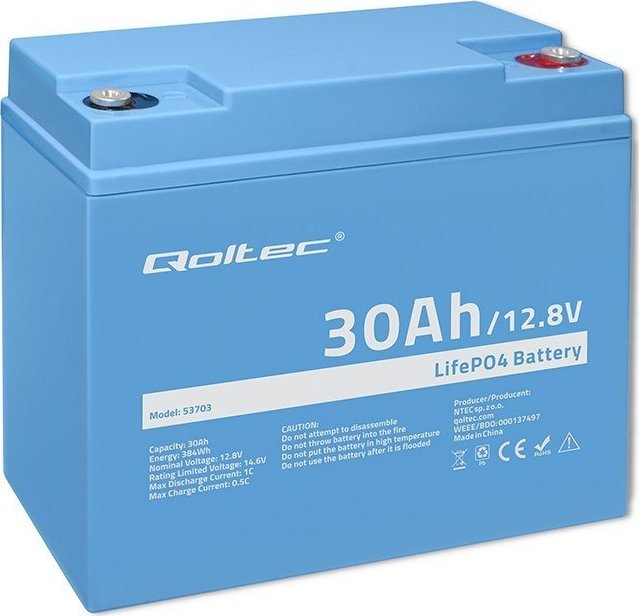 Bateri LiFePO4 Qoltec 12V 30Ah, me BMS, gri