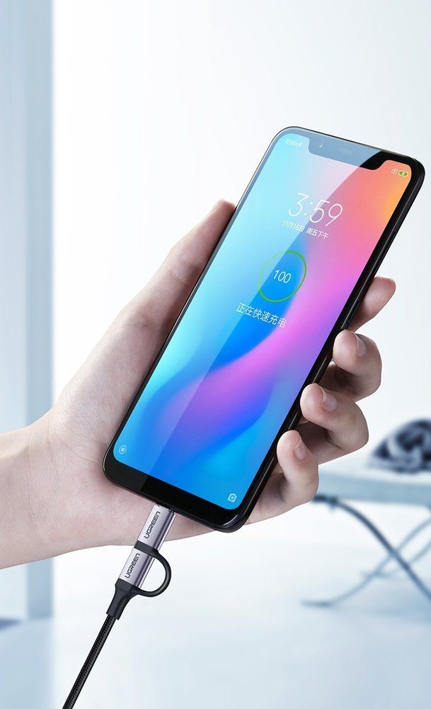 Kabllo USB Ugreen 30875, USB A në microUSB dhe USB C, 1 m, e zezë