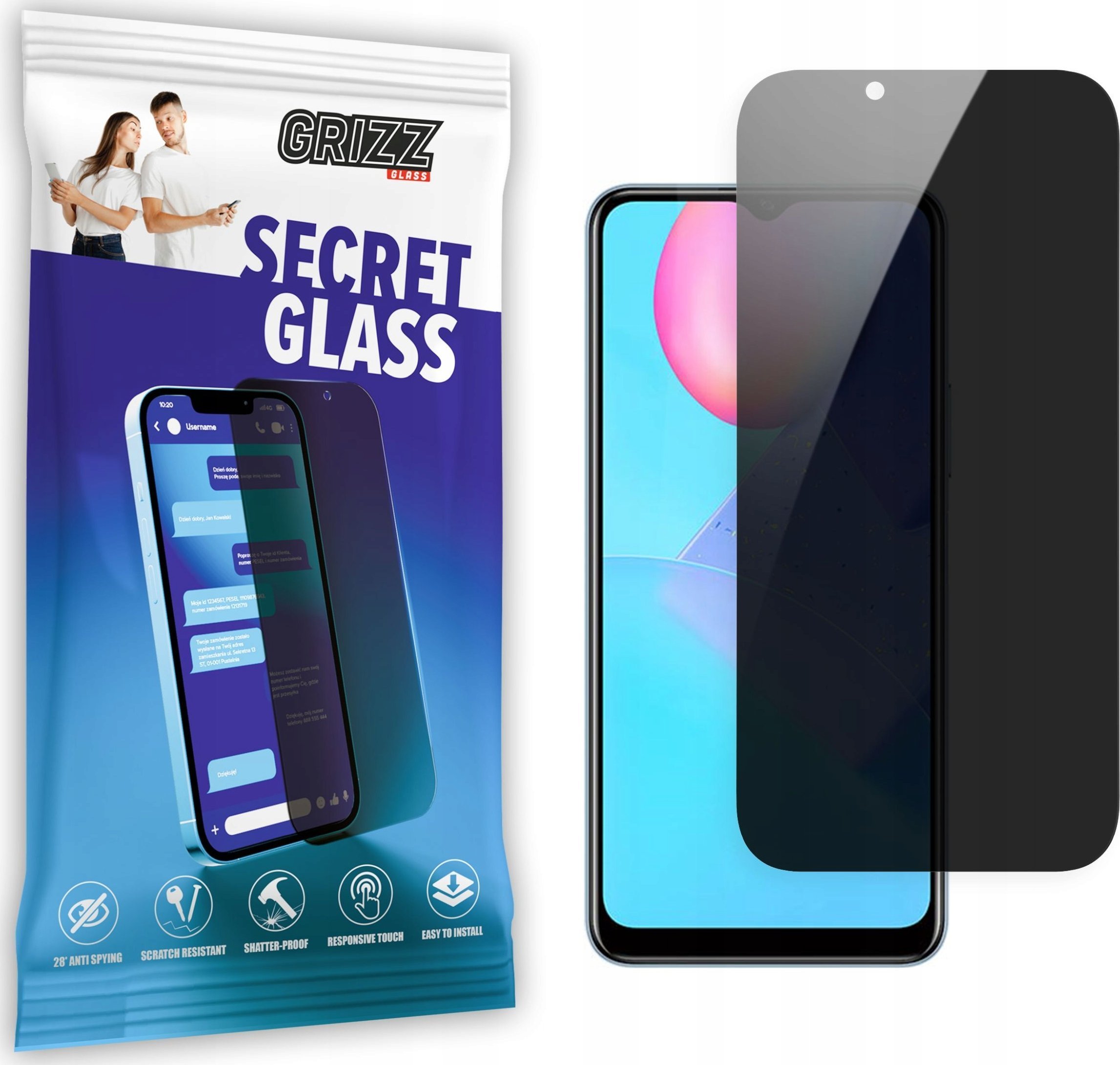 Xham mbrojtës Grizz SecretGlass për Vivo Y12s 2021, efekt privatësie, i zi