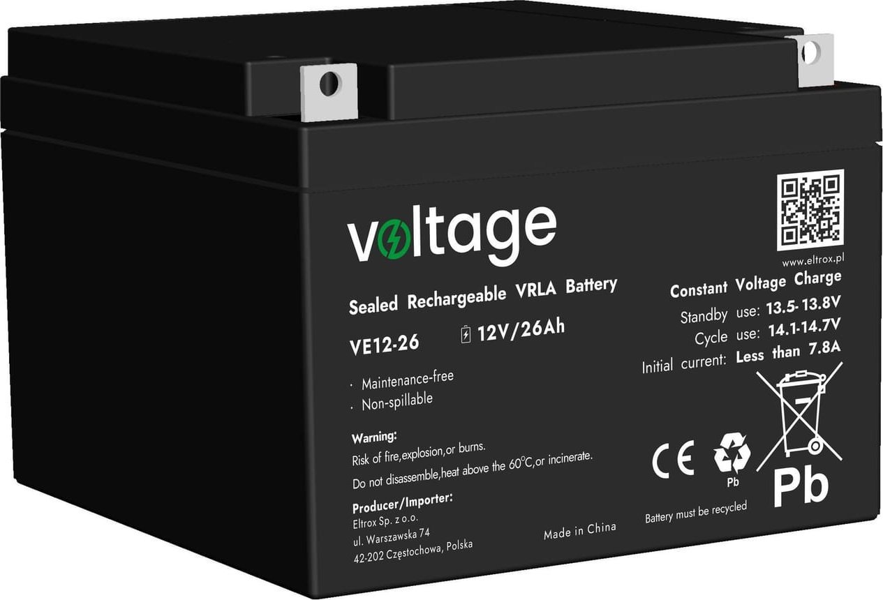 AGM батерија Voltage VE12-26, 12V, 26Ah, сива