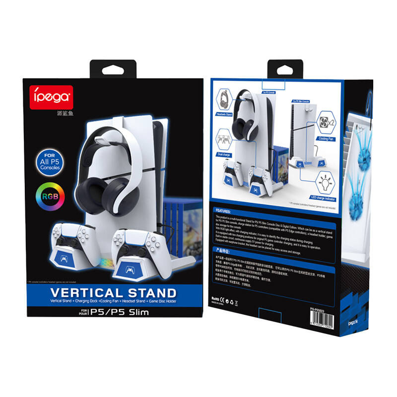 Stacion karikimi iPega P5S023 për PS5, ftohje me ventilator, RGB, i bardhë