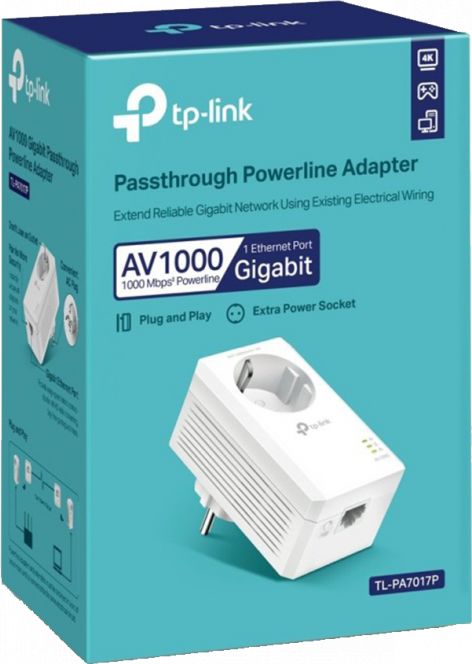 Adapter powerline TP-Link TL-PA7017P, 1000 Mb/s, portë gigabit, me prizë të integruar